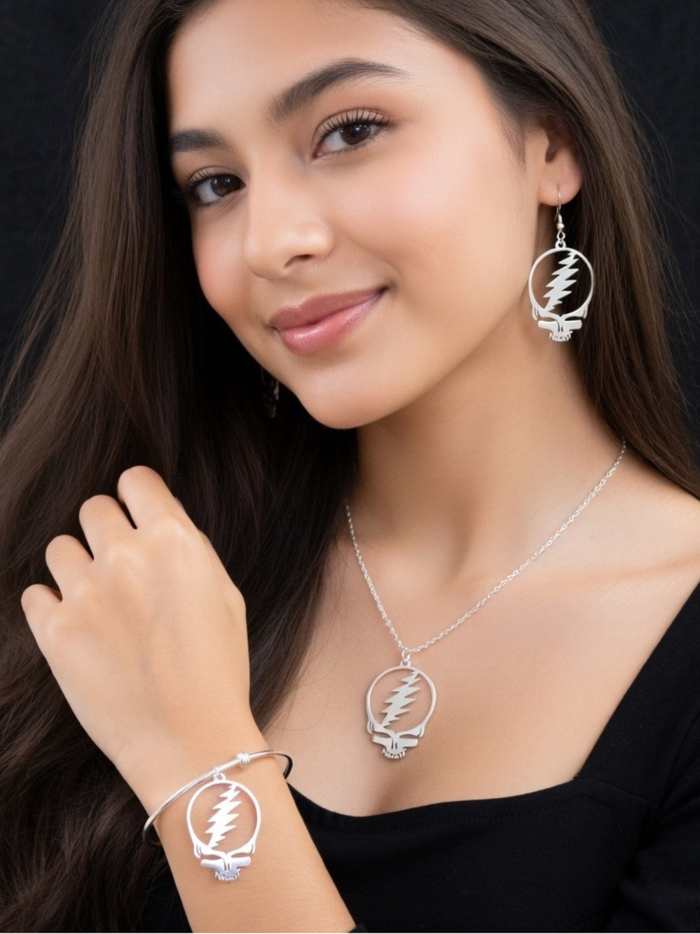 3 Piece Grateful Dead Steal Your Face Gift Set Earrings, Bracelet & Necklace - Picture 2 of 9